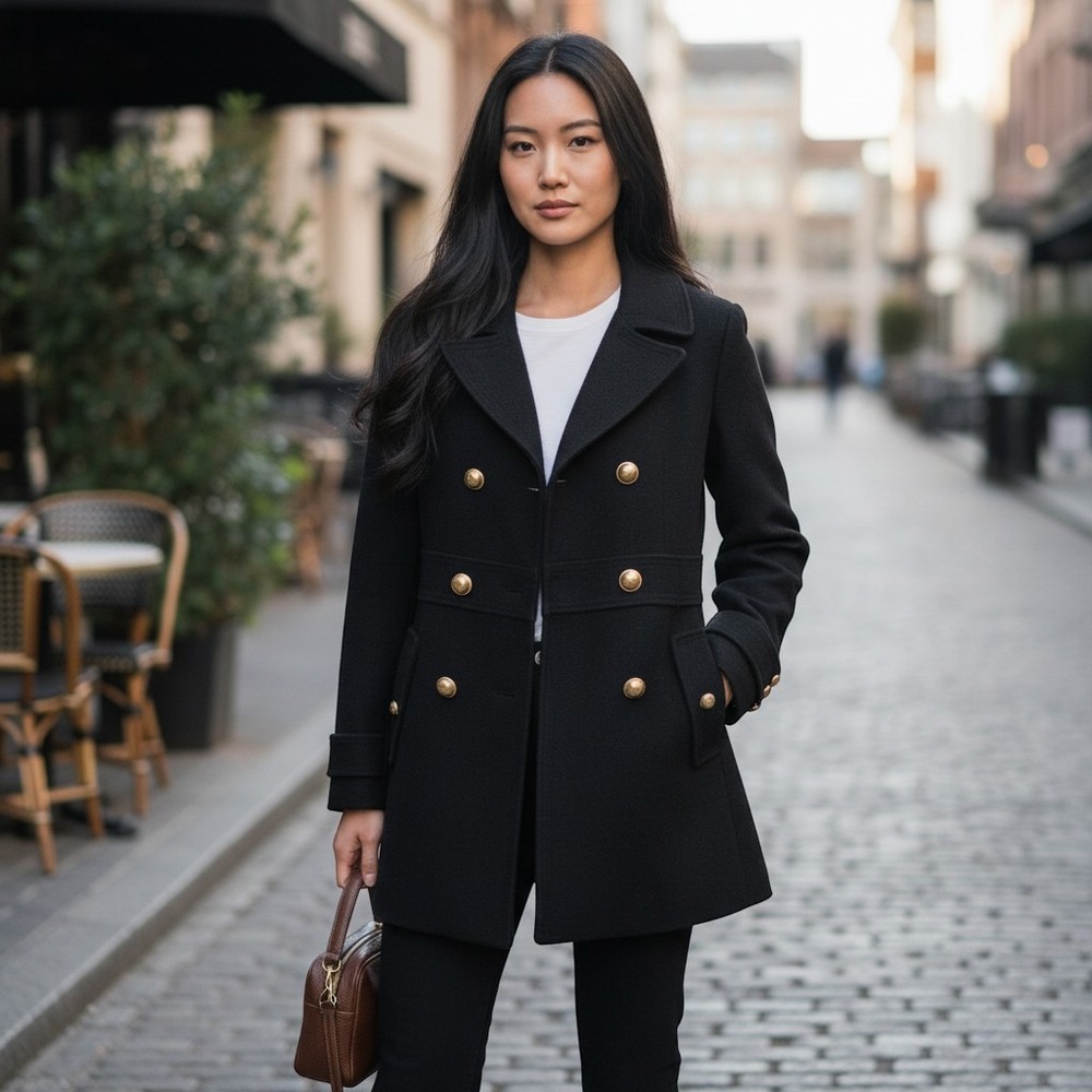 Ann Taylor LOFT Black Wool Blend Double Breasted Pea Coat Gold Buttons Size 10